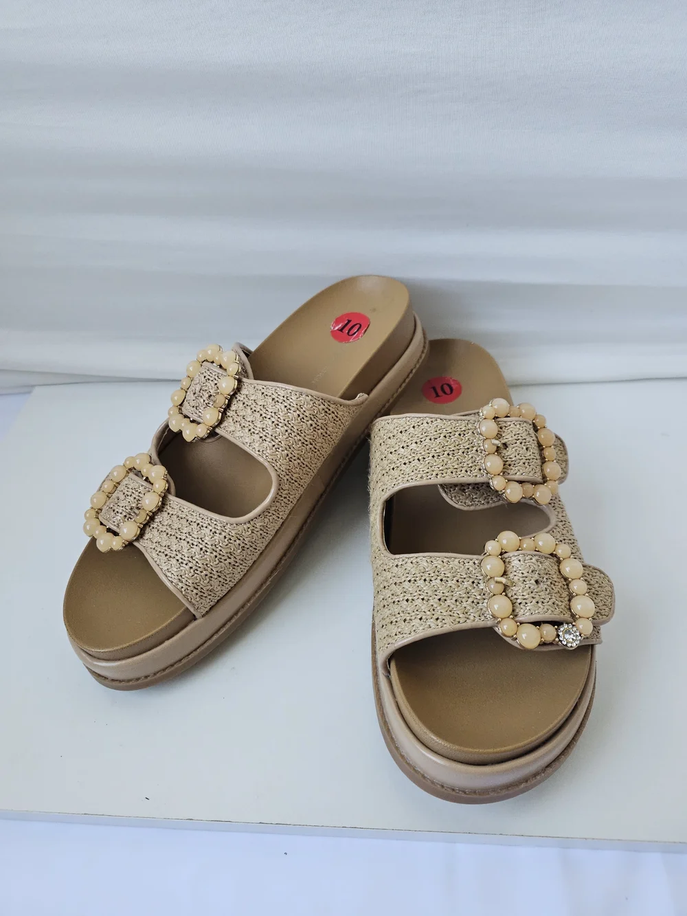 BCBGeneration Beau Raffia Beaded Buckle Slide Sandals - Size 10